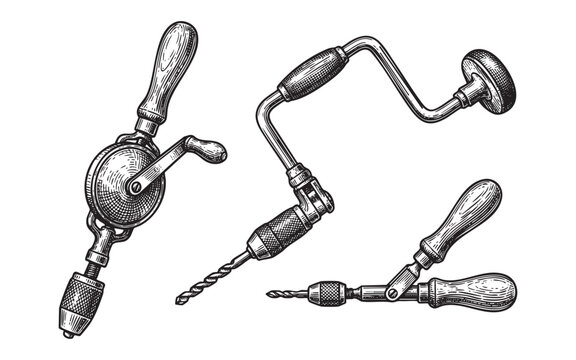 hand drill, woodworking tools set engraving vector illustrations