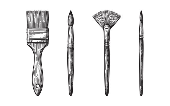 paint brush flat, round, fan, detail brushes set engraving vector illustrations
