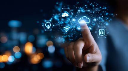 Hand touching digital screen faceless, technology icons and online network connection, cloud storage security system, dark blue background defocused, with copy space