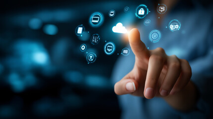 Hand touching digital screen faceless, technology icons and online network connection, cloud storage security system, dark blue background defocused, with copy space