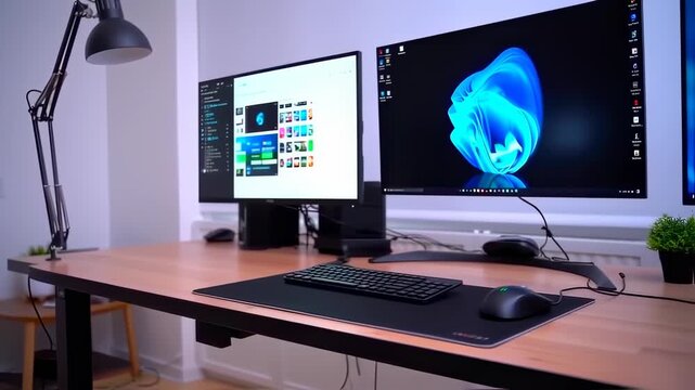 A modern workspace features a dual-monitor setup with desk, lamp, keyboard, mouse, and small plant