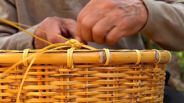 Hands weaving a bamboo basket