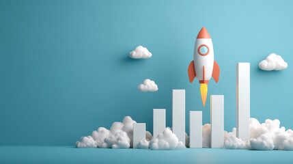 Business growth concept with a 3D rocket launching over bar charts and white clouds on a blue background