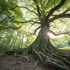 Ancient tree with massive roots and green leaves in a sunlit forest, showcasing nature's strength and beauty.
