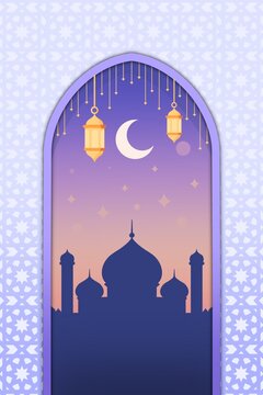 Karya Seni Tanpa JudElegant Islamic night illustration with mosque silhouette, crescent moon, and lanterns inside a decorative arch frame. Perfect for Ramadan and Eid greetings, banners, posters, anul