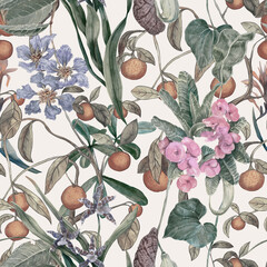 A tropical seamless pattern with orange fruits, orchid flowers, milkweed, and Lagerstroemia. Botanical wallpaper with exotic plants, hand-painted in watercolor.
