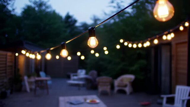 A string of warm-toned lights hangs across a backyard patio in the evening, a cozy outdoor scene