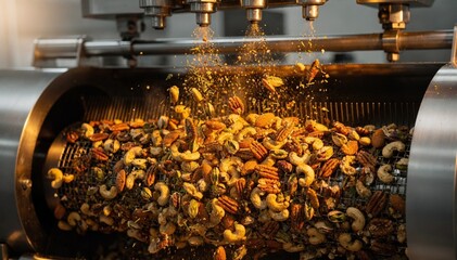 Medium shot capturing mixed nuts tumbling through a continuous roasting machine enhanced by automated seasoning application highlighting the production of gourmet roasted nut