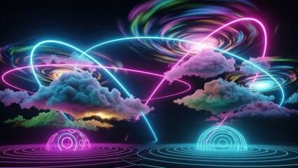 futuristic cloudscape with neon light trails and digital horizon