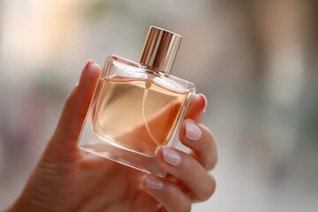 Close up of well groomed female hand holding transparent glass bottle of luxury perfume or fragrance bottle with golden cap against blurred background