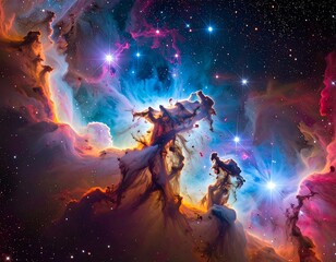 Obraz premium Vivid cosmic cloud formations. Colorful nebula and stars illuminate space