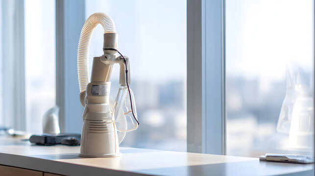 spirometer. Pulmonologist's office with a modern spirometer on counter, natural light, clinical setting. STEM education sheets.