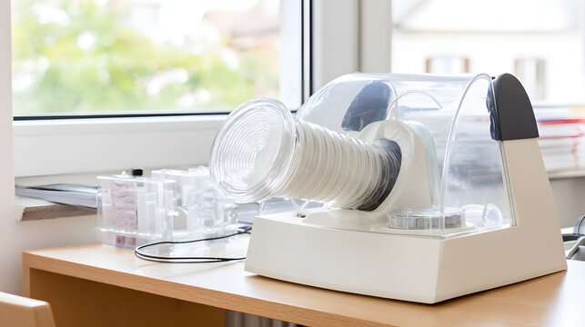 spirometer. Pulmonologist's office with a modern spirometer on counter, natural light, clinical setting. STEM education sheets.