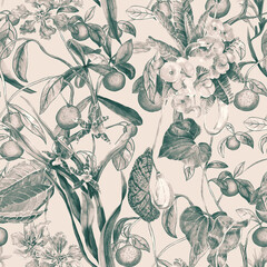 A tropical seamless pattern with orange fruits, orchid flowers, milkweed, and Lagerstroemia. Botanical wallpaper with exotic plants, hand-painted in watercolor.