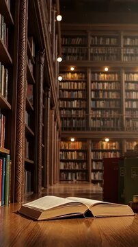 A Serene Library Scene Featuring a Display of Open Books Amidst Towering Shelves Filled with Knowledge, Inviting Quiet Reflection and Study