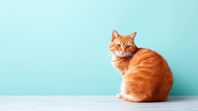 Ginger cat sitting and looking away against a light blue background