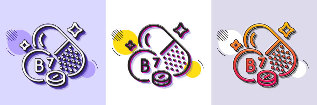 Vitamin B7 line icon. Halftone dotted pattern. Gradient icon with grain shadow. Biotin food nutrient sign. Capsule or pill supplement symbol. Line biotin vitamin icon. Various designs. Vector