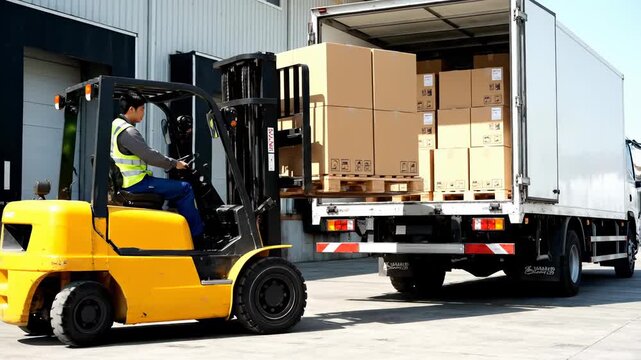 Forklift loading boxes into truck at warehouse. Worker operates forklift for efficient delivery process. Logistics and transportation culture thrives in busy environment.