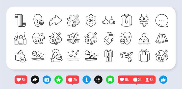 Problem skin, Sunscreen and Shirt line icons pack. Social media: share, comment, like icons. Skin care, Uv protection, 24 hours web icon. Hoody, Vitamin b6, Lingerie pictogram. Vector