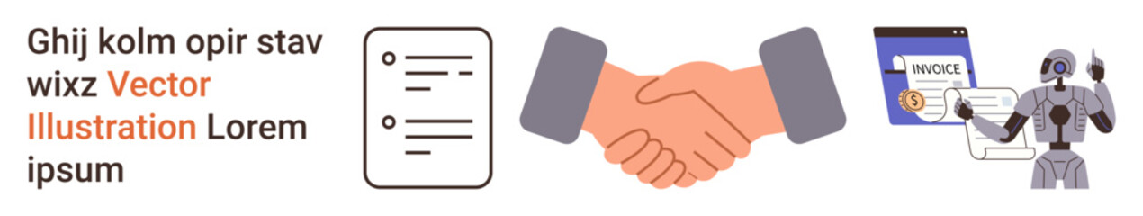 Business ethics, automation, AI applications, invoicing, financial transactions, collaboration. Handshake, robot document and invoice imagery. Business ethics and automation concept