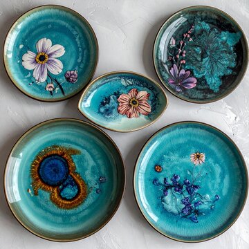 Artistic turquoise plates with floral designs on display for decor