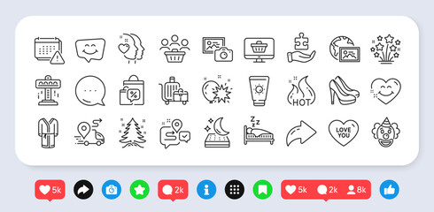 Buyers, Puzzle and Attraction line icons pack. Social media: share, comment, like icons. Clown, Hot sale, Smile chat web icon. Love you, Sunscreen, Christmas tree pictogram. Vector