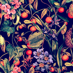 A tropical seamless pattern with orange fruits, orchid flowers, milkweed, and Lagerstroemia. Botanical wallpaper with exotic plants, hand-painted in watercolor.