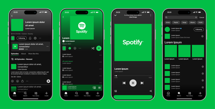 Spotify music streaming service mockup with music display theme, playlist interface, and playback screen design. Vector illustration for digital music platform sample UI.