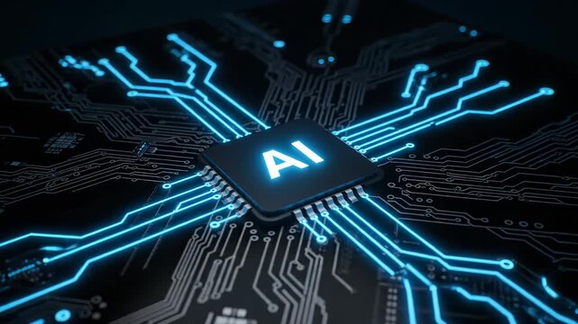 Futuristic artificial intelligence circuit board with glowing elements. AI technology represents digital transformation in modern society. Innovative neural networks reshape industries and enhance