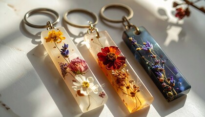 Handcrafted resin keychains with embedded dried flowers, showcasing unique floral designs and artistic charm, perfect for personalized accessories and thoughtful gifts