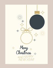 Hanging Christmas Balls Line Art with Merry Christmas and Happy New Year Greeting, Minimal Holiday Card Design