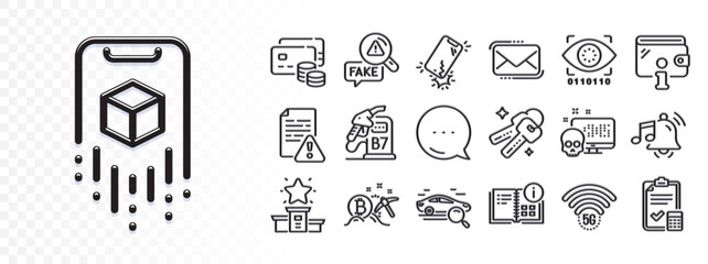 Fototapeta premium Diesel station, Smartphone broken and Keys line icons for web app. Glare of light effect. Message icon. Pack of Instruction manual, Accounting checklist, Wallet pictogram icons. Vector