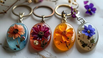 Handmade resin keychains featuring pressed flowers and colorful fillings