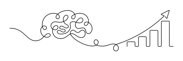 Continuous Line Brain Connecting to Growth Chart with Arrow, Creative Thinking and Business Success Concept, One Line Drawing Showing Intelligence, Strategy, Progress, Innovation Financial Growth Idea