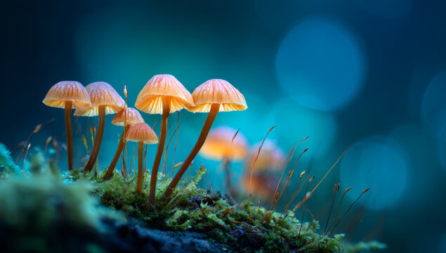 Cluster of small orange-brown fungi with delicate gills and slender stems growing on a mossy surface in a vibrant, blurred forest background