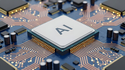 Close-up of a computer processor with the letters 'AI' printed on it, symbolizing artificial intelligence and advanced technology