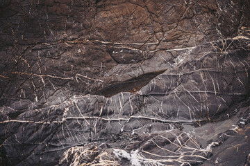Rocks show dark surfaces with white lines across them in a coastal area. This scene captures the natural patterns formed by geological processes during the day