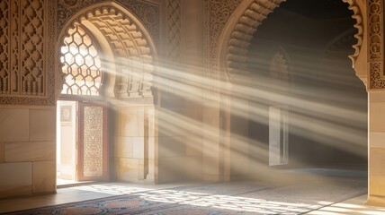 Arches architecture interior sunlight, beige wall and Brown door