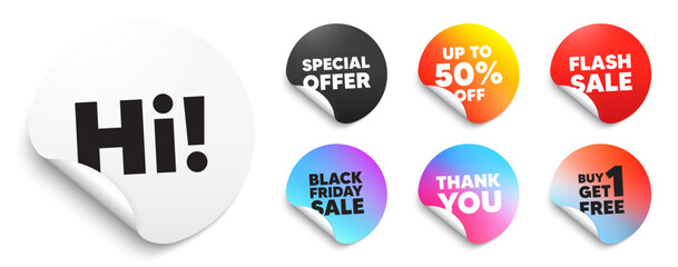 Hi sticker tag. Special offer paper price tags. Hi welcome tag. Hello invitation offer. Formal greetings message. Discount, black friday sticker. Promo banner. Vector © blankstock