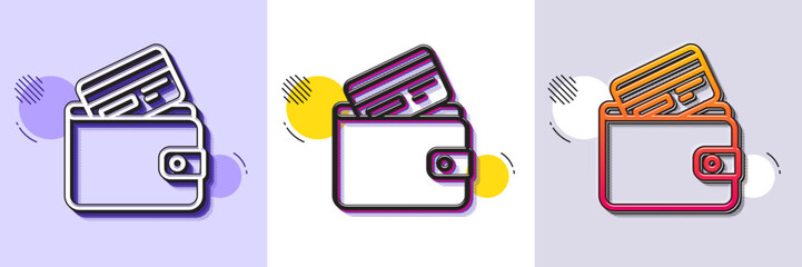 Wallet with Credit card line icon. Halftone dotted pattern. Gradient icon with grain shadow. Cash money sign. Payment method symbol. Line debit card icon. Various designs. Vector