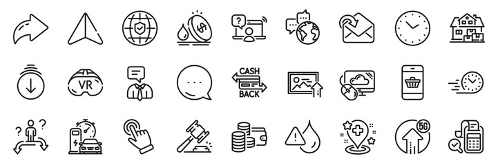 Smartphone buying, Cashback card and Online question line icons pack. Share, Message, Paper plane icons. Waterproof, Vr, Receive mail web icon. Vector