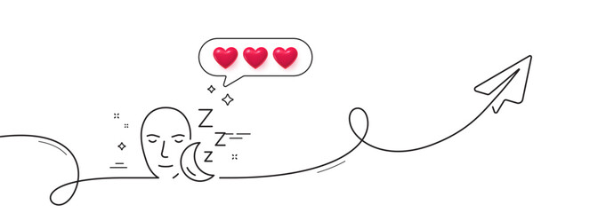 Sleep line icon. Continuous line with share plane. Night rest sign. Sleeping face symbol. Hearts rate review in speech bubble. Sleep single line ribbon. Loop curve pattern. Vector