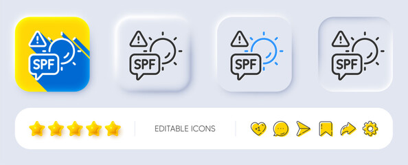 Spf protection line icon. Neumorphic, Flat shadow, 3d buttons. Sun protect sign. Sunscreen effect symbol. Line spf protection icon. Social media icons. Vector