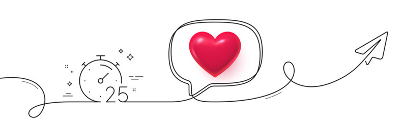 Timer 25 minutes line icon. Continuous line with share plane. Stopwatch time sign. Countdown clock symbol. 3d heart in speech bubble. Timer single line ribbon. Loop curve pattern. Vector