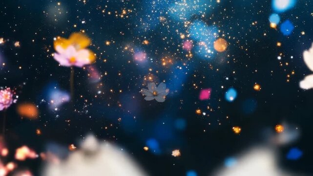 Beautiful glowing flowers in a cosmic setting with sparkling stars and a dark background