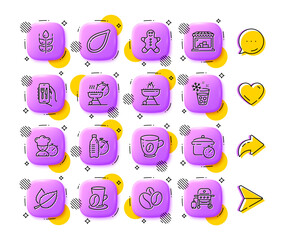 Grill, Pumpkin seed and Grill time line icons. App 3d buttons. Social media comment, share, like icons. Pack of Market, Boiling pan, Gluten free icon. Vector