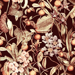 A tropical seamless pattern with orange fruits, orchid flowers, milkweed, and Lagerstroemia. Botanical wallpaper with exotic plants, hand-painted in watercolor.