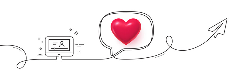 Online Video Education line icon. Continuous line with share plane. Computer with Online lecture sign. Web player symbol. 3d heart in speech bubble. Online video single line ribbon. Vector