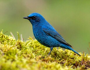Fototapeta premium Close-up of a vibrant blue bird perched on moss, perfect details