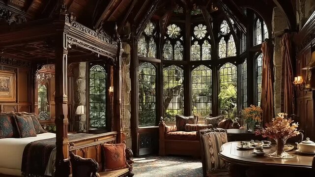 A grand, gothic-style bedroom with large arched windows, four-poster bed, & seating